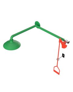 Hughes over-door laboratory safety shower with signage and activation lever