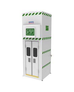 Hughes tank fed polar safety shower with doors and immersion heated