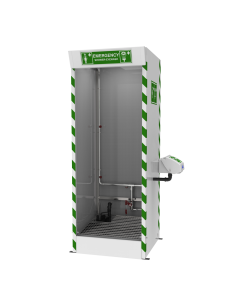 Multi-nozzle cubicle safety shower with detergent inducer and hose brush
