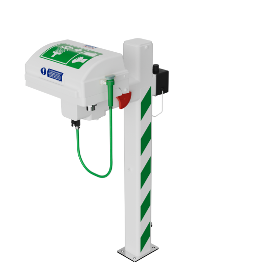 Trace tape heated pedestal mounted eye wash with ASA closed bowl and integral handheld shower