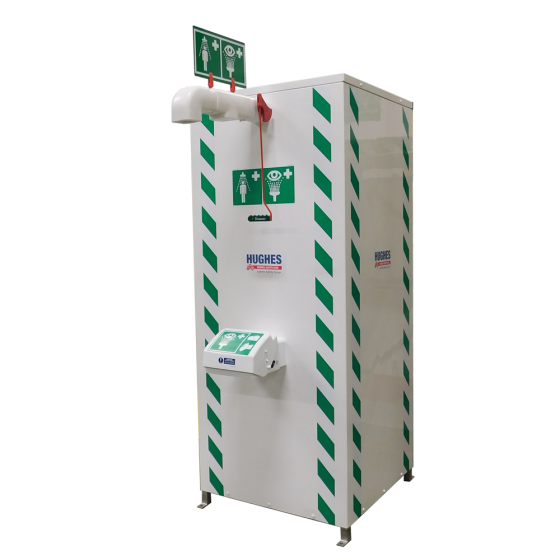 Safety shower and ASA closed bowl eye wash with integral water heater
